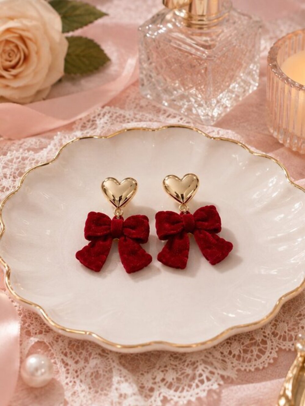 Gold Heart Stud Red Velvet Bow Dangle Earrings Coquette Cottagecore NWT